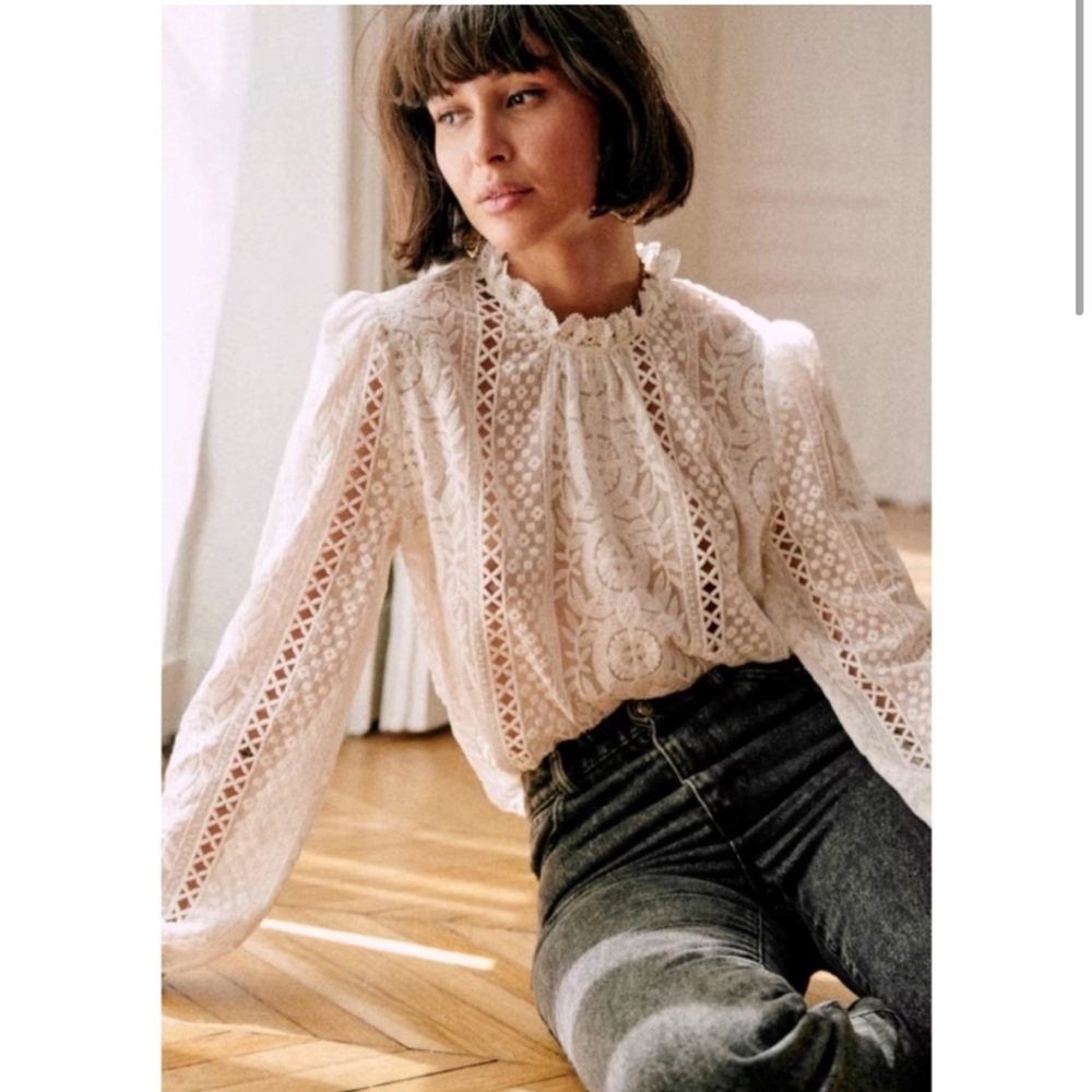 Sezane Paris Valentine Lace Guippure Embroidered Blouse High Collar Feminine